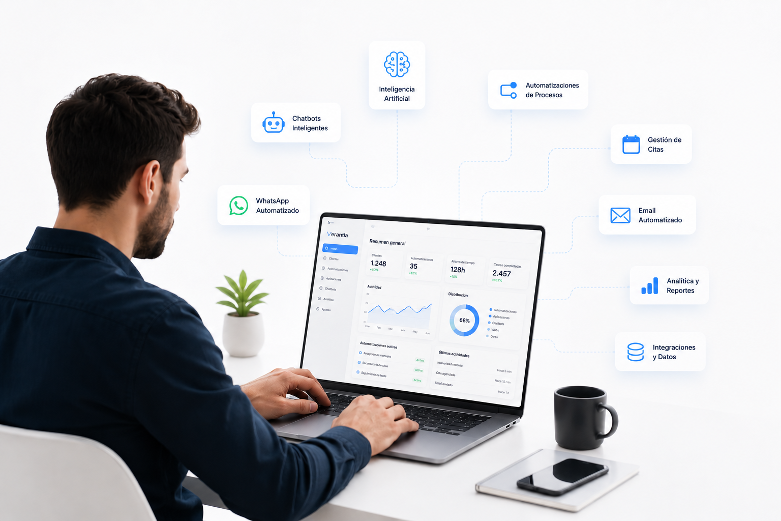 Trabajador Verantia utilizando las diversas herramientas , chatbots, sistemas de agendamientos, automatizaciones y mas.